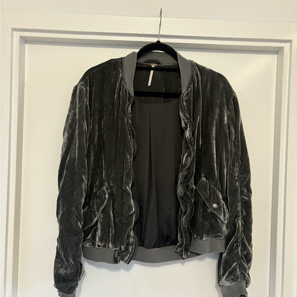 Free People Charcoal Velvet Bomber Jacket